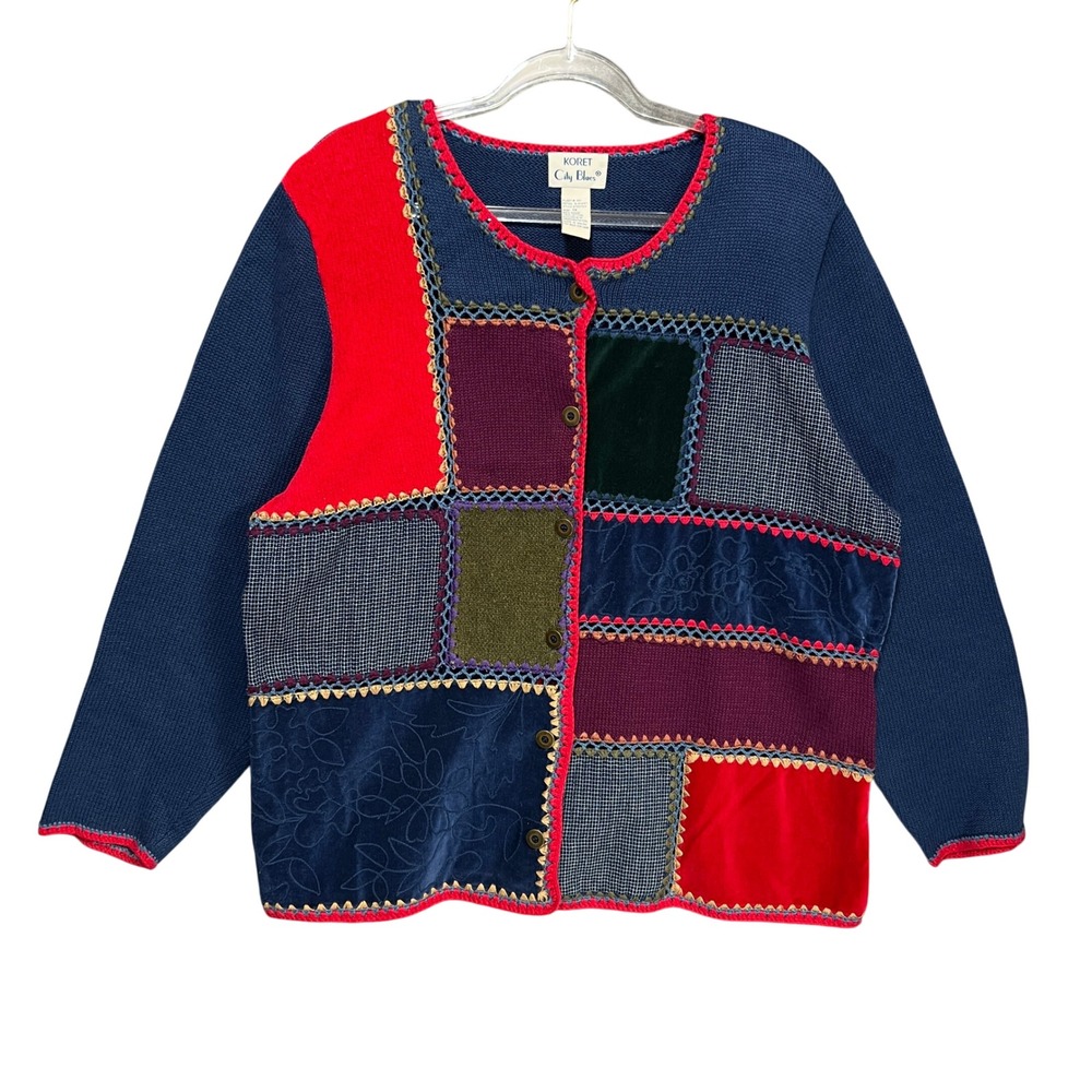 VTG Patchwork Cardigan Sweater Womens 1X Crochet Suede Velvet Boho Grandma